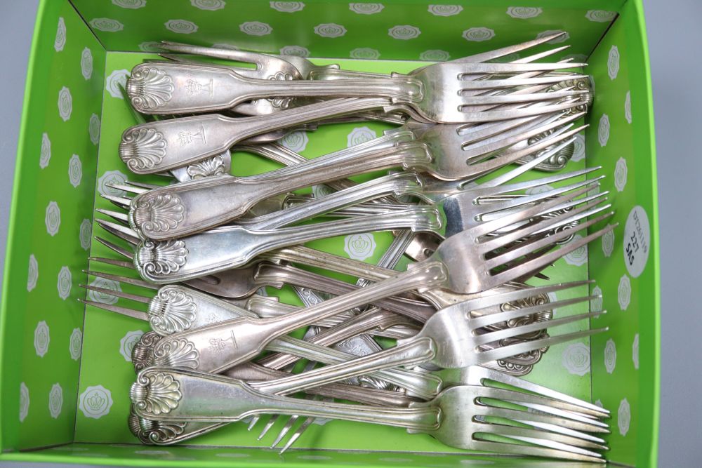A matched set of twenty two George IV and later silver fiddle, thread and shell pattern dessert forks